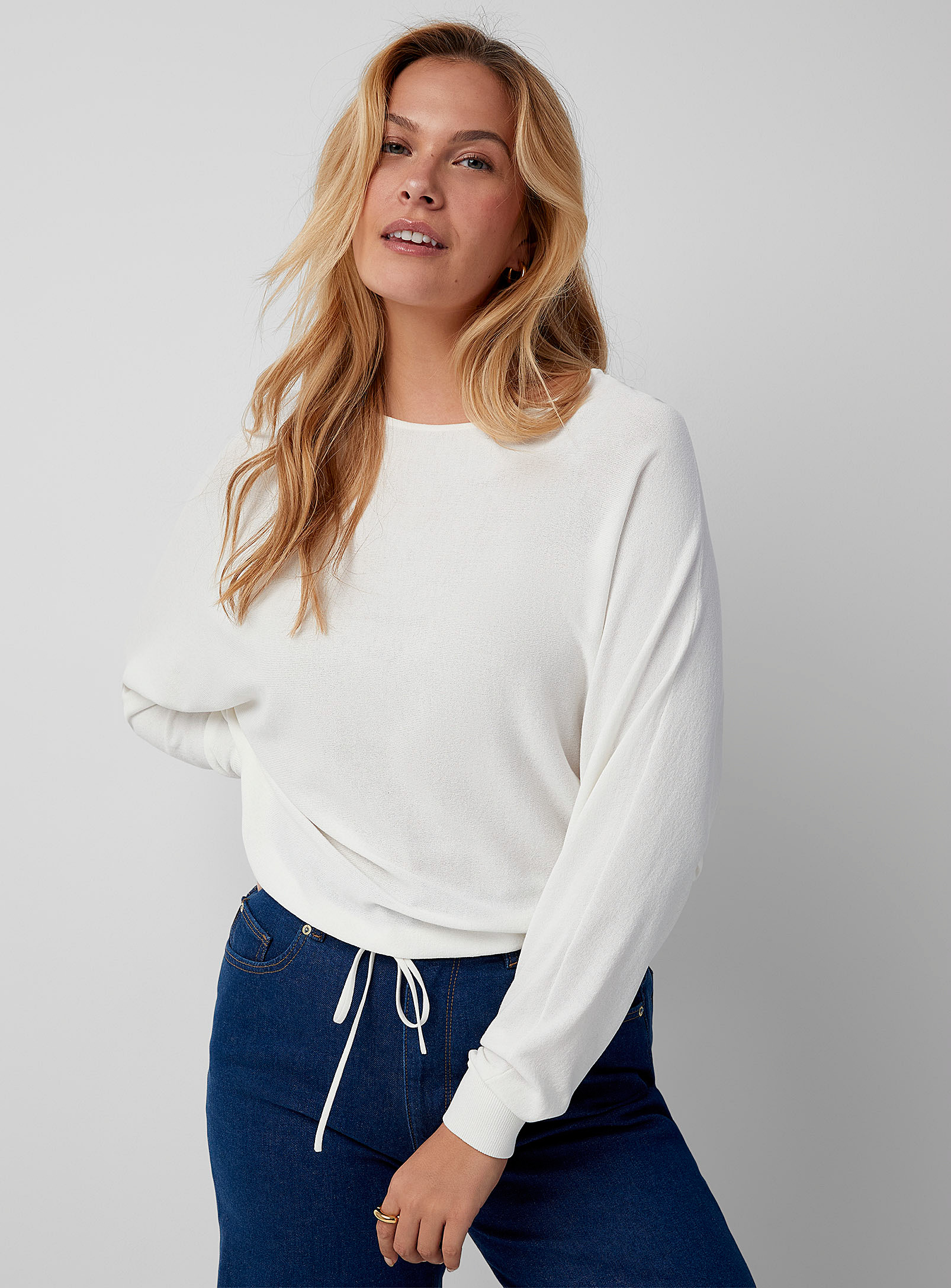 Contemporaine Drawcord-waist Batwing-sleeve Sweater In Ivory White