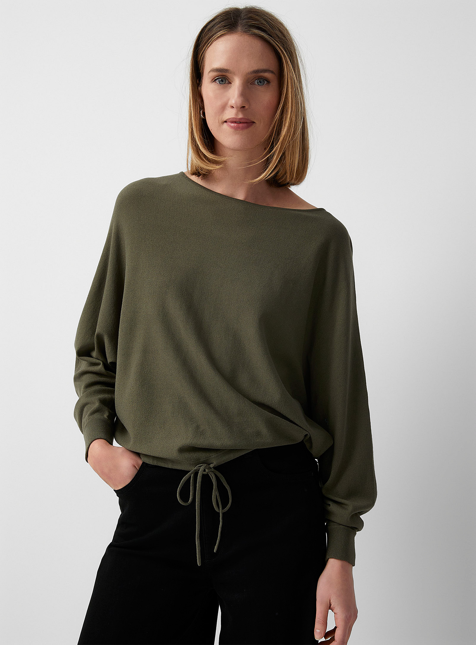 Contemporaine Drawcord-waist Batwing-sleeve Sweater In Mossy Green