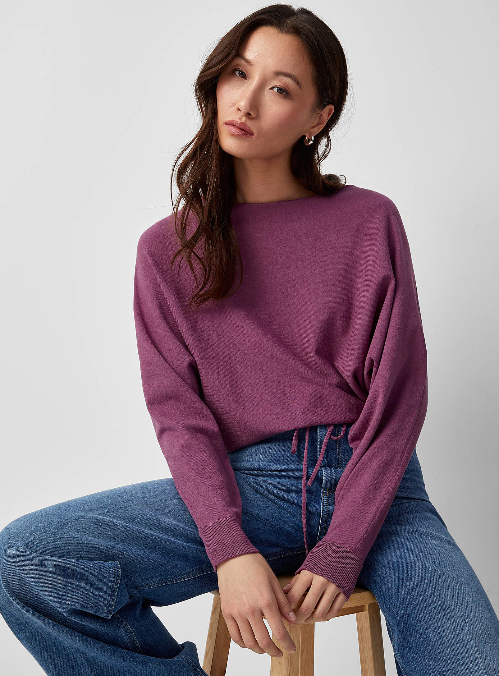 Contemporaine Drawcord-waist Batwing-sleeve Sweater In Medium Pink