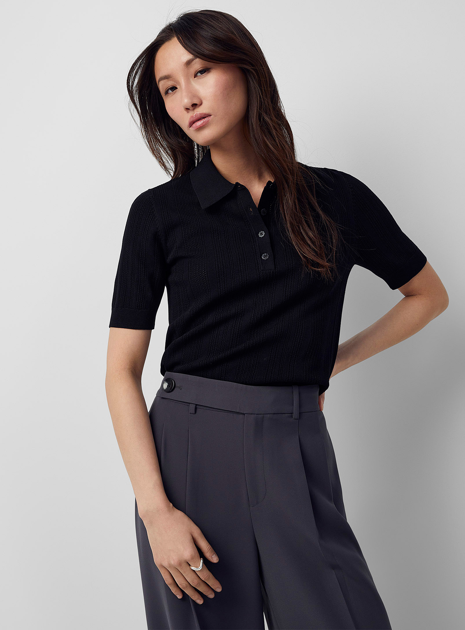 Contemporaine Pointelle Knit Polo Shirt In Black