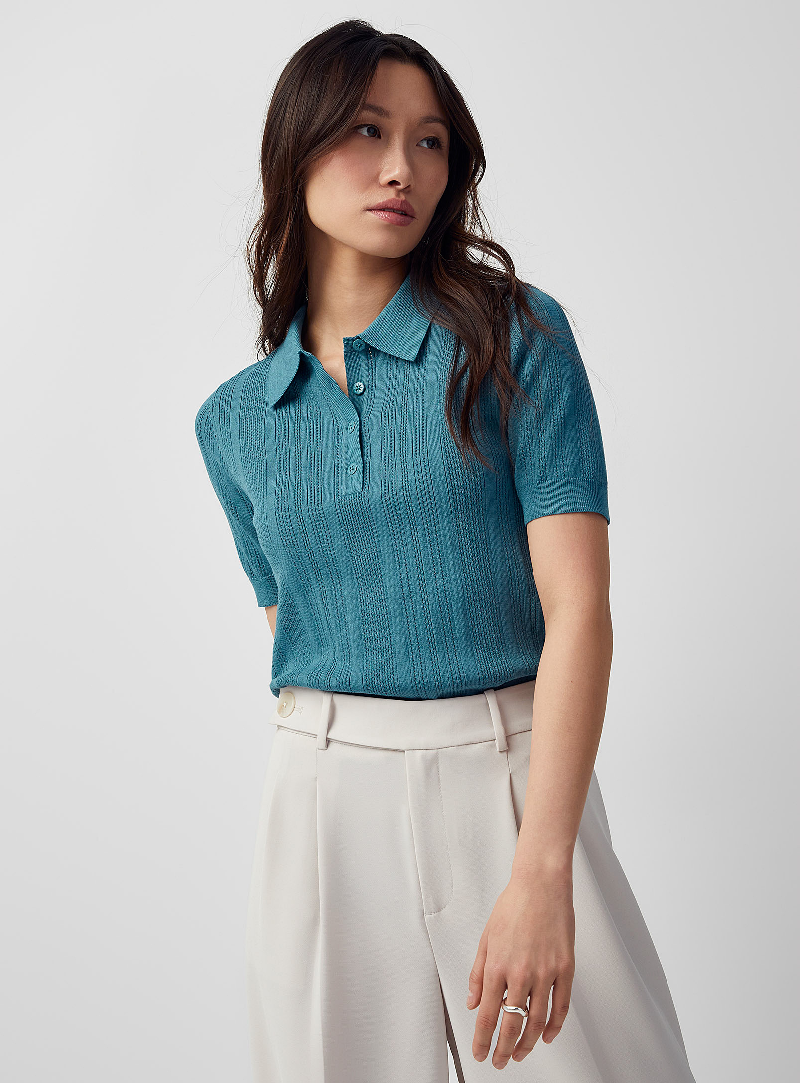 Contemporaine Pointelle Knit Polo Shirt In Slate Blue