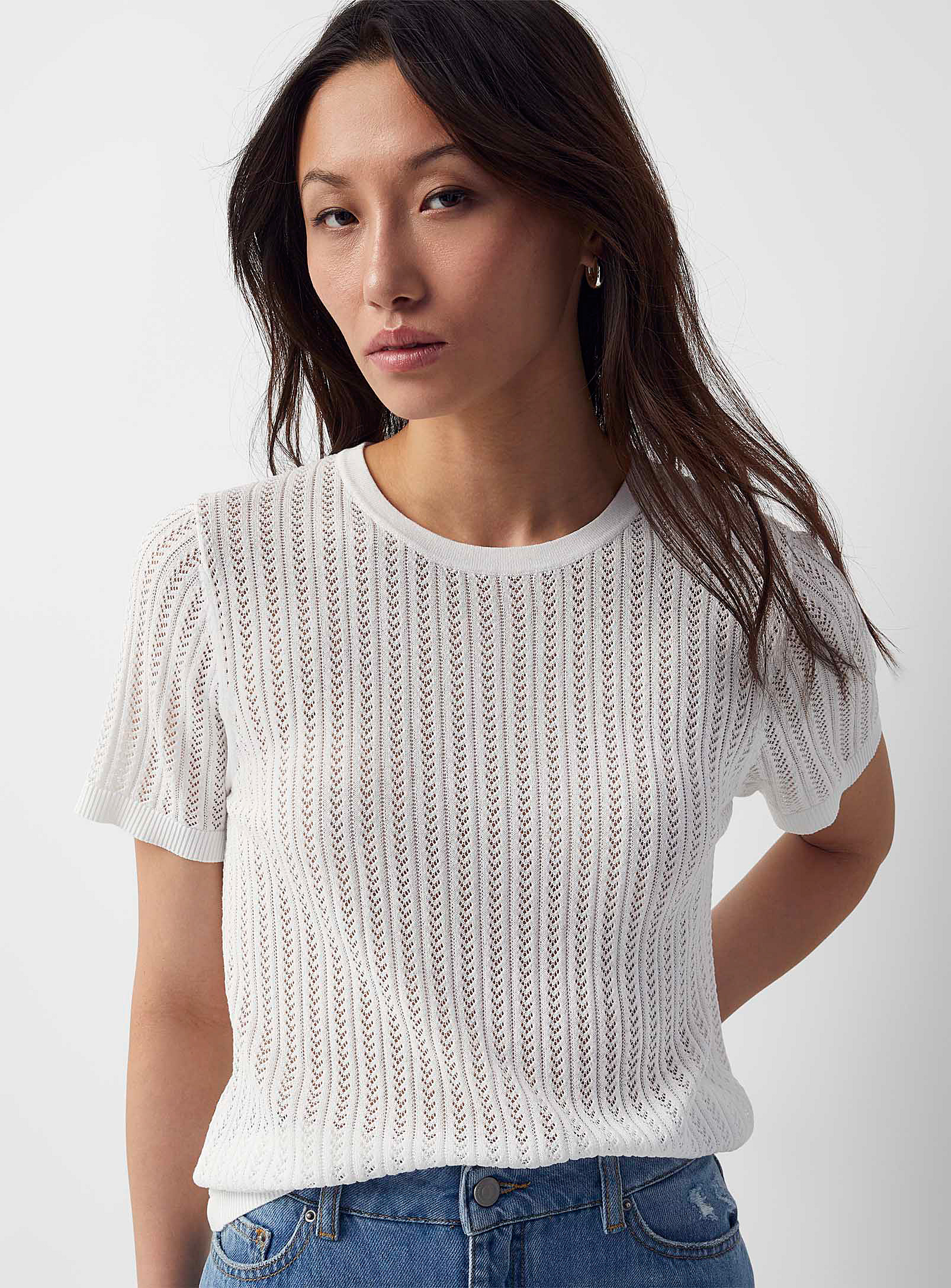 Contemporaine Pointelle Print Light Sweater In Ivory White