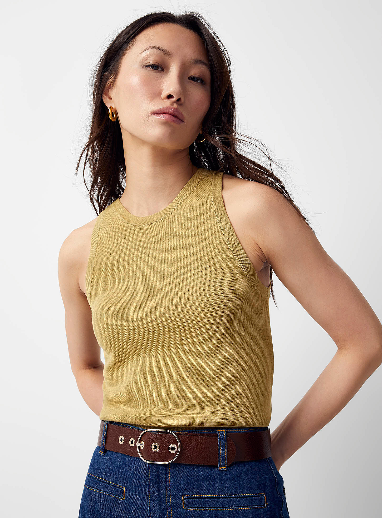 Contemporaine Shiny Knit Crew-neck Sweater Vest In Golden Yellow
