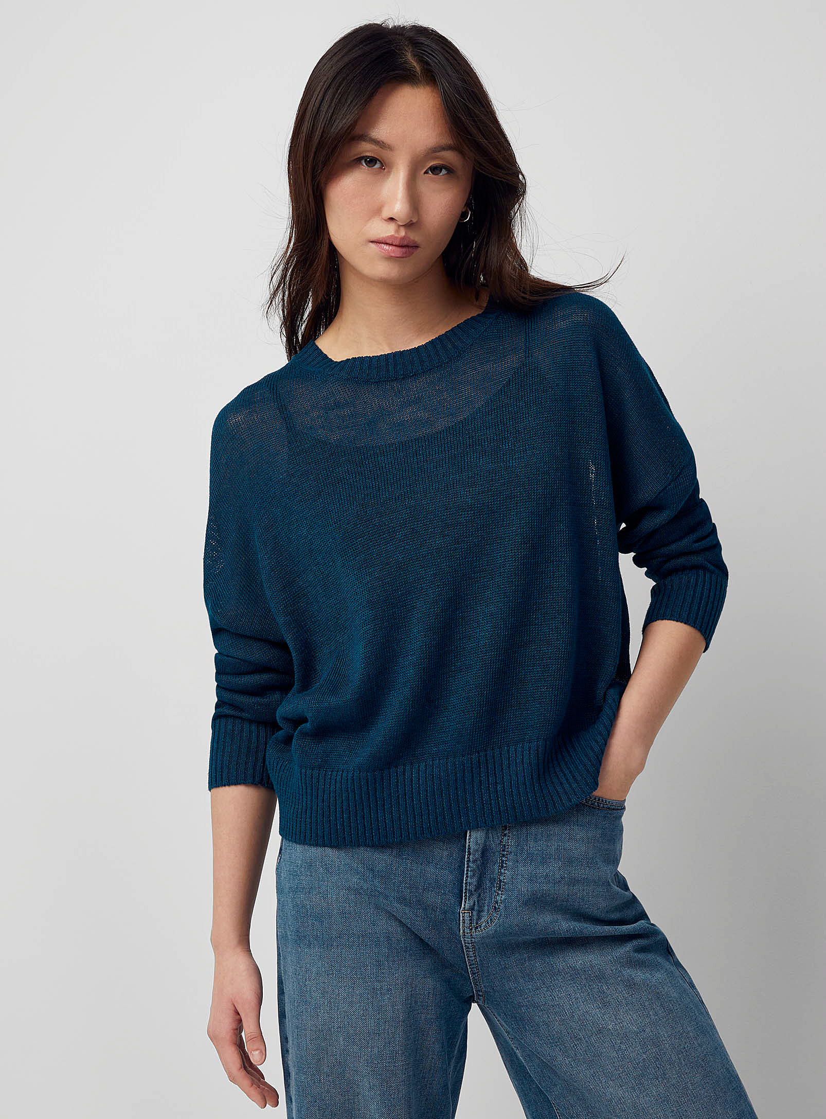 Contemporaine Flowy Pure Linen Sweater In Dark Blue