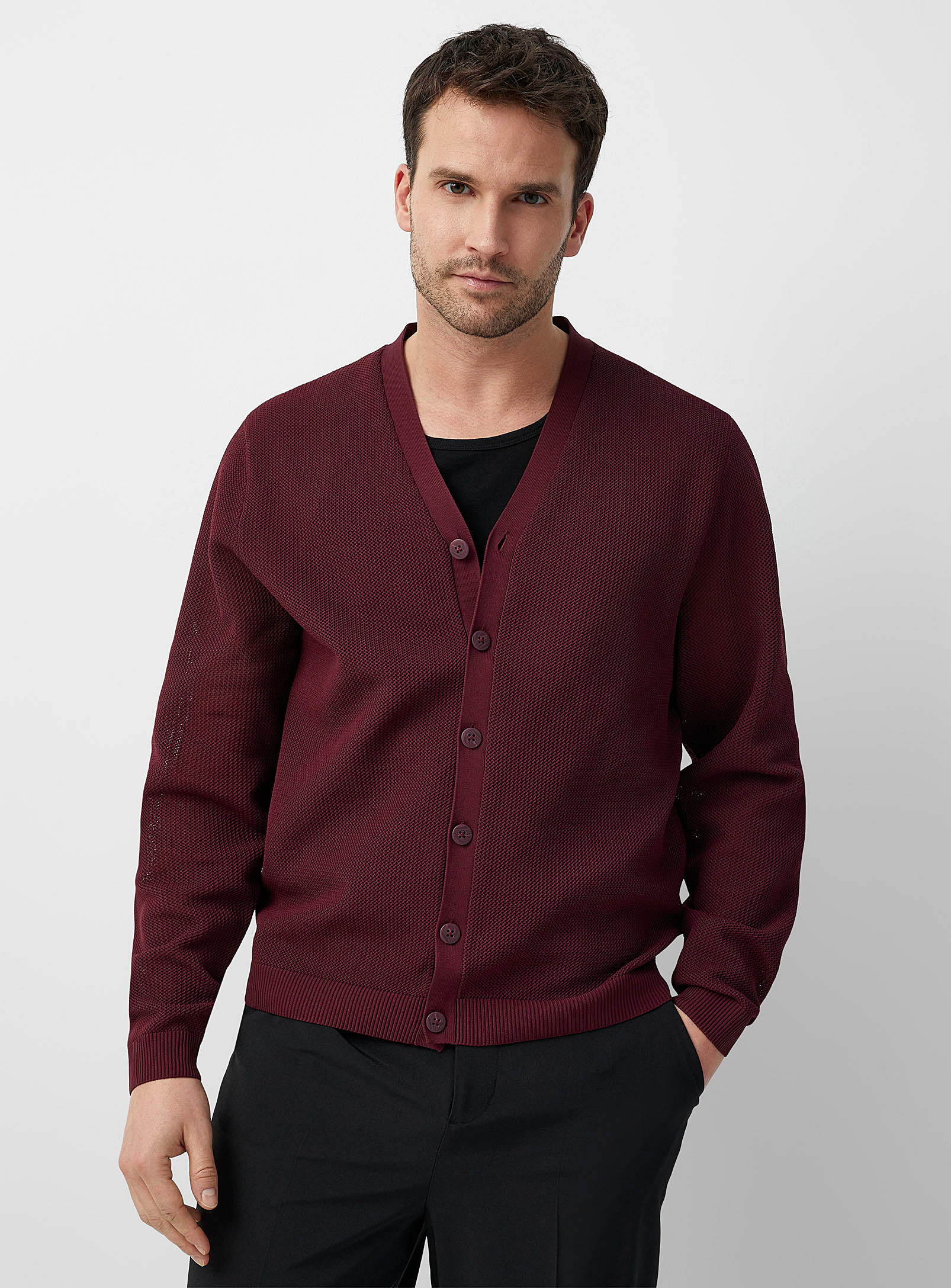 Le 31 Loose Openwork Knit Cardigan In Ruby Red
