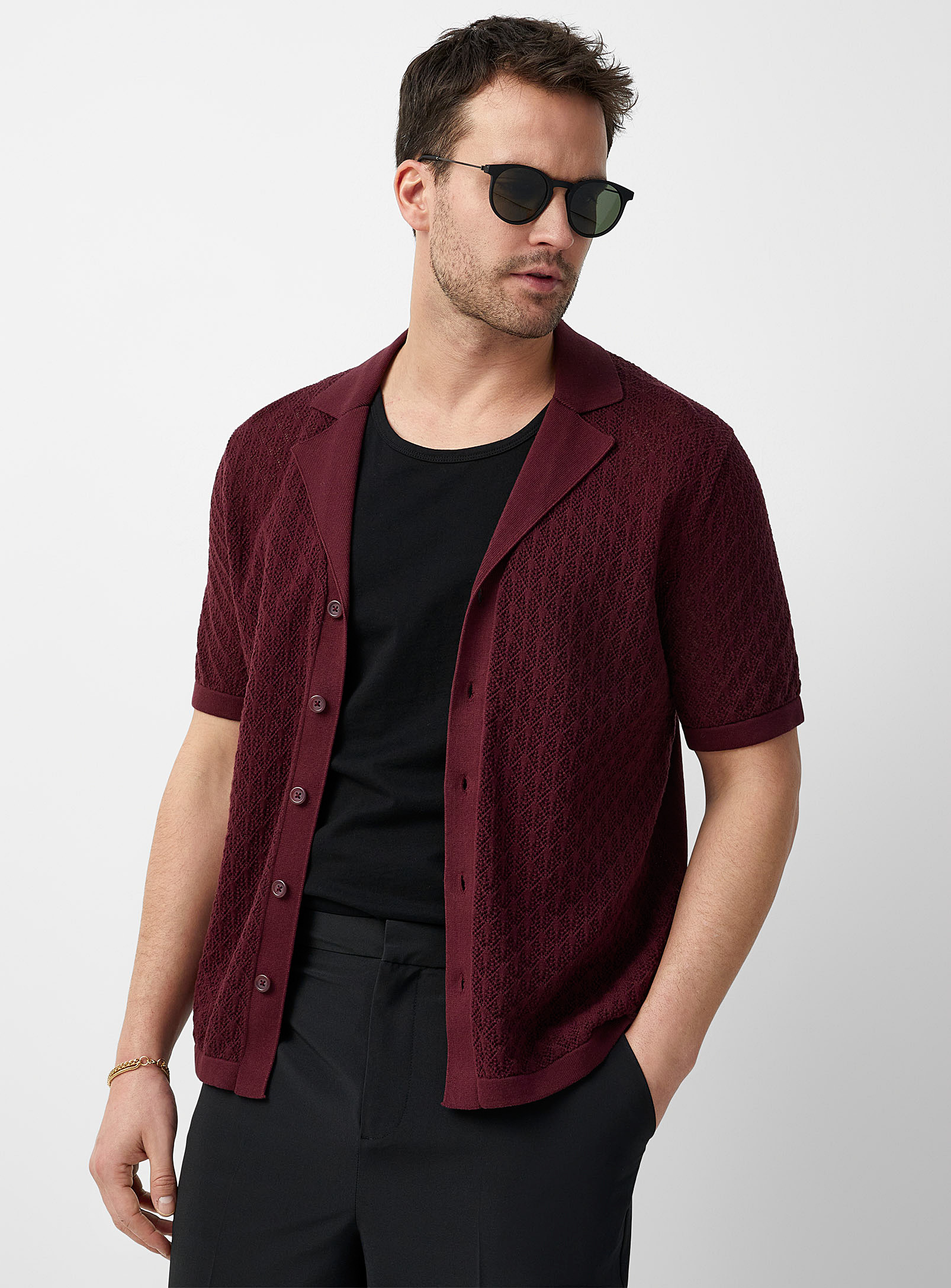 Le 31 Pointelle Knit Camp Shirt In Ruby Red