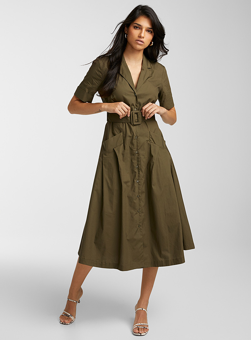 Icône: La robe popeline ceinturée col cranté Vert foncé-mousse-olive pour femme