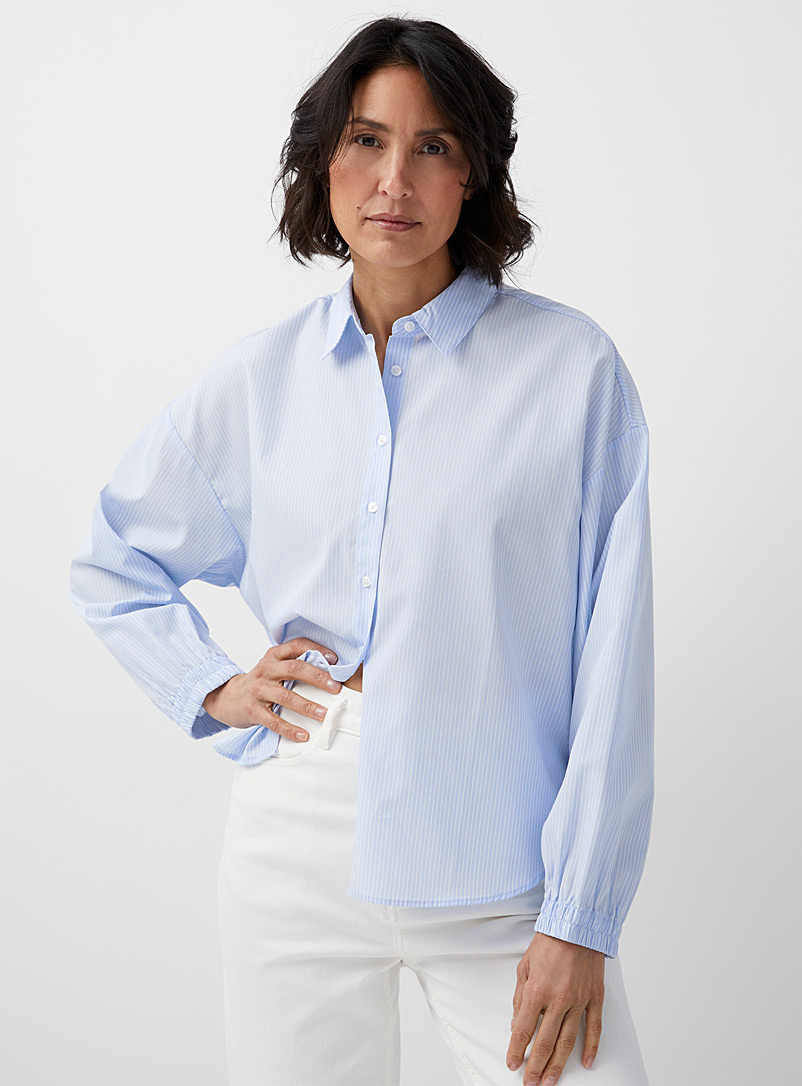 Contemporaine Patterned Blue Puff-sleeve poplin shirt for women