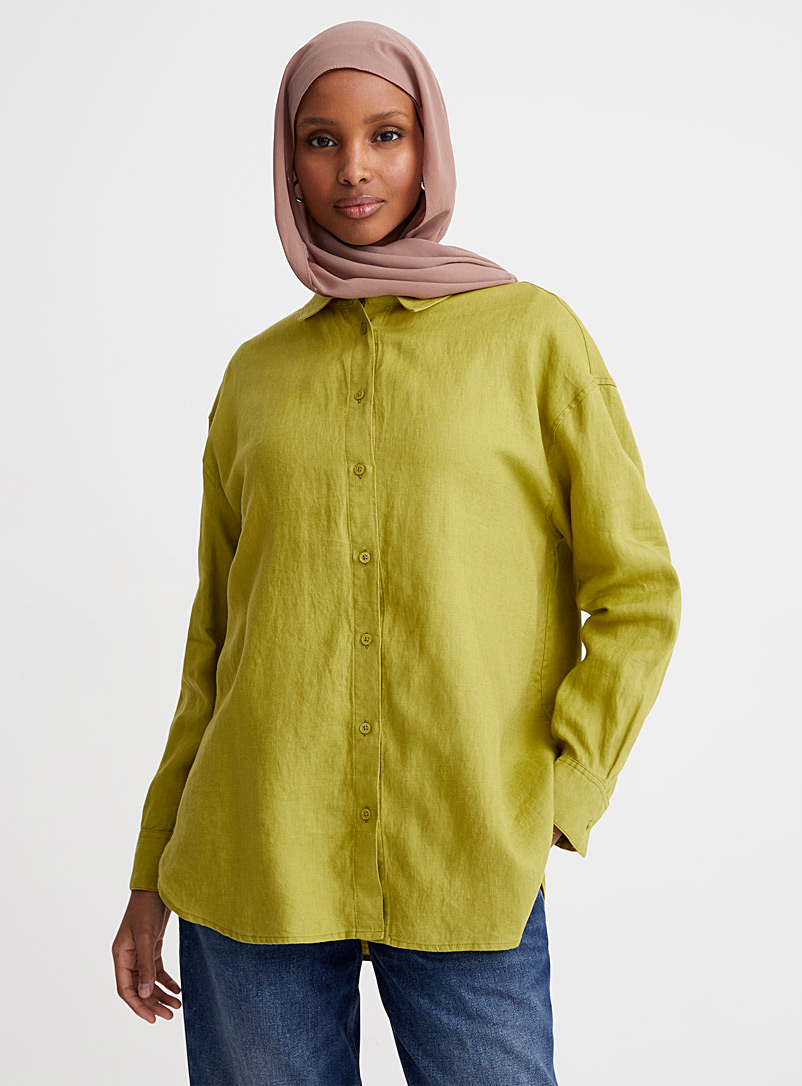 Contemporaine: La chemise ample pur lin Vert foncé-mousse-olive pour femme