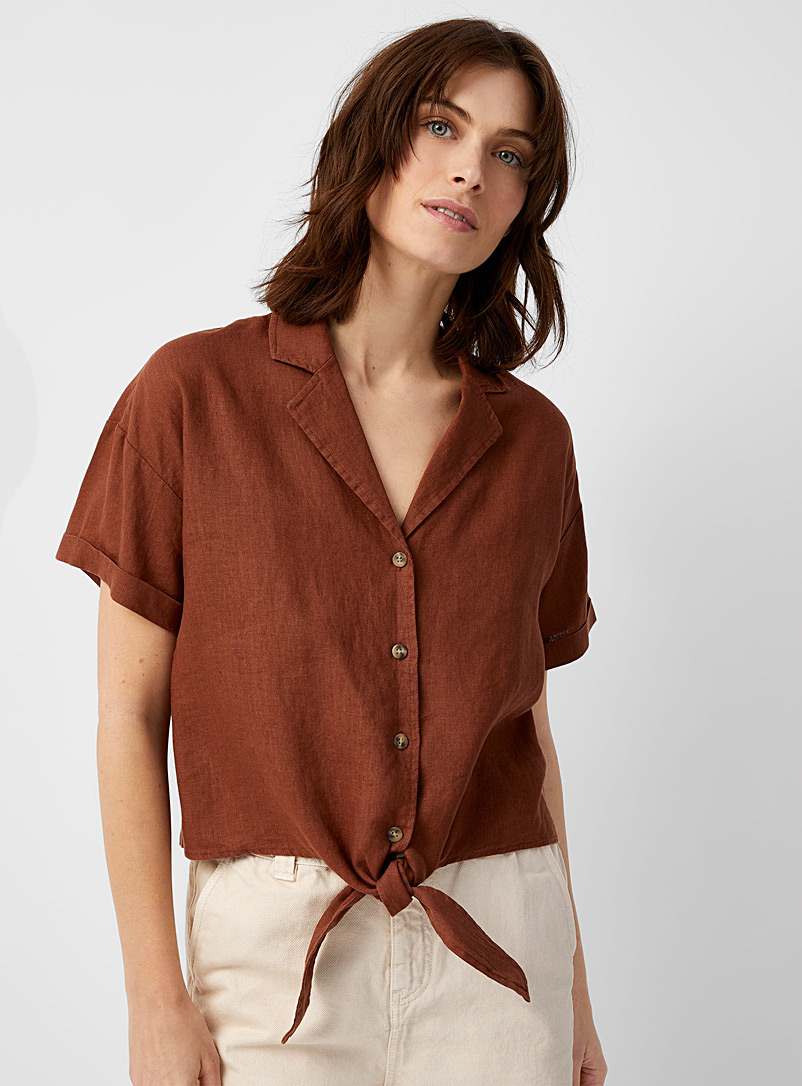 Contemporaine Medium Brown Knotted pure linen shirt for women