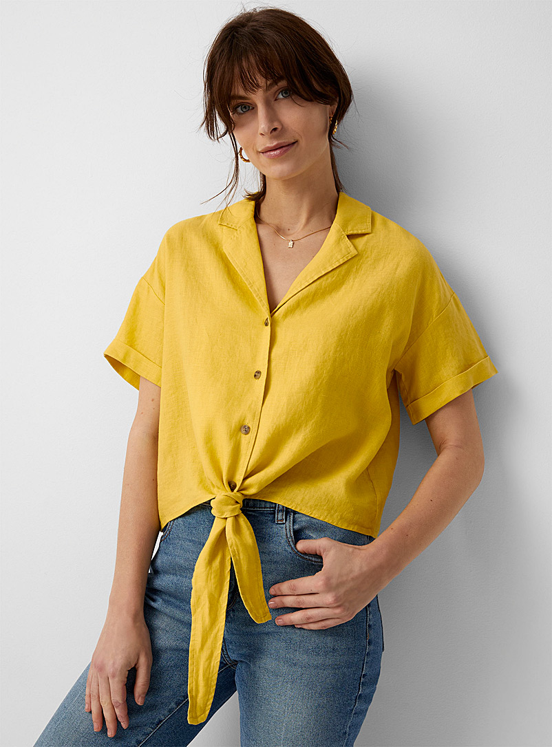 Contemporaine Golden Yellow Knotted pure linen shirt for women