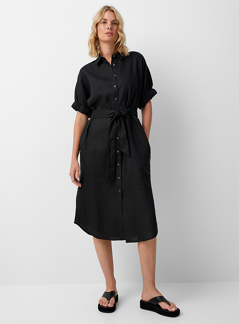 Contemporaine: La robe chemise pur lin ceinturée Noir pour femme