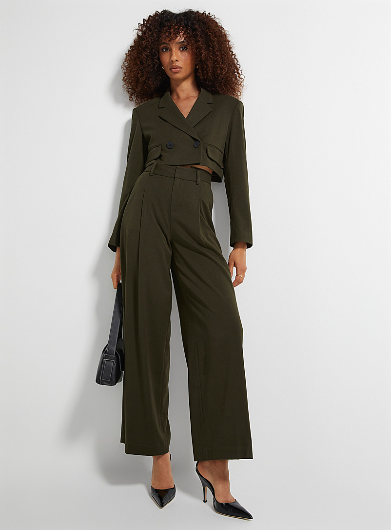 Icône: Le pantalon large habillé à plis Kaki chartreuse pour femme