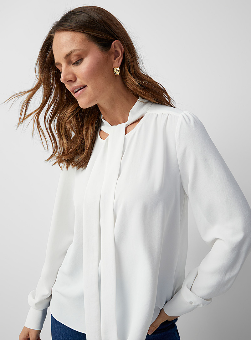 Contemporaine Ivory White Tie-neck flowy blouse for women