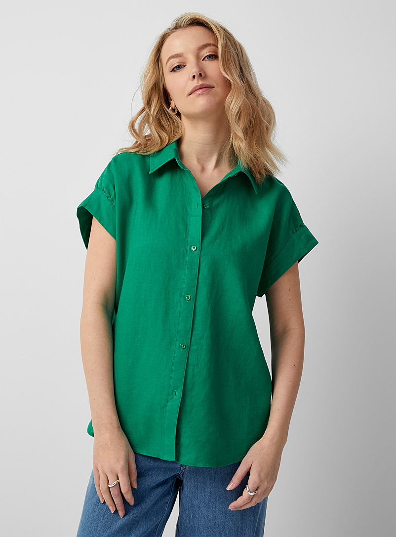 Contemporaine Green Cap sleeves loose pure linen shirt for women