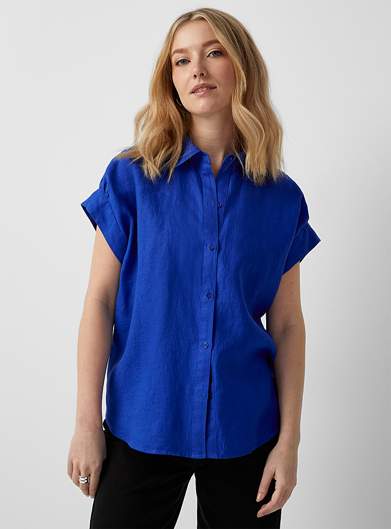 Contemporaine Blue Cap sleeves loose pure linen shirt for women