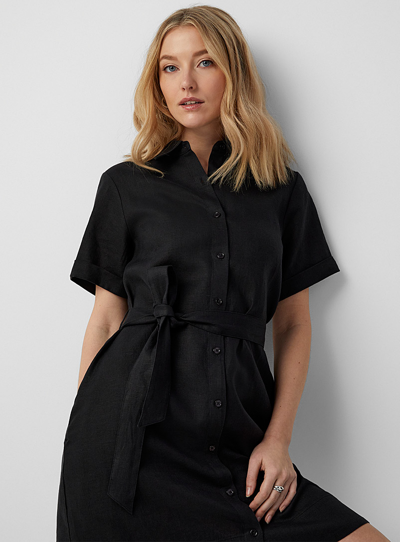 Contemporaine Black Organic linen belted shirtdress for women