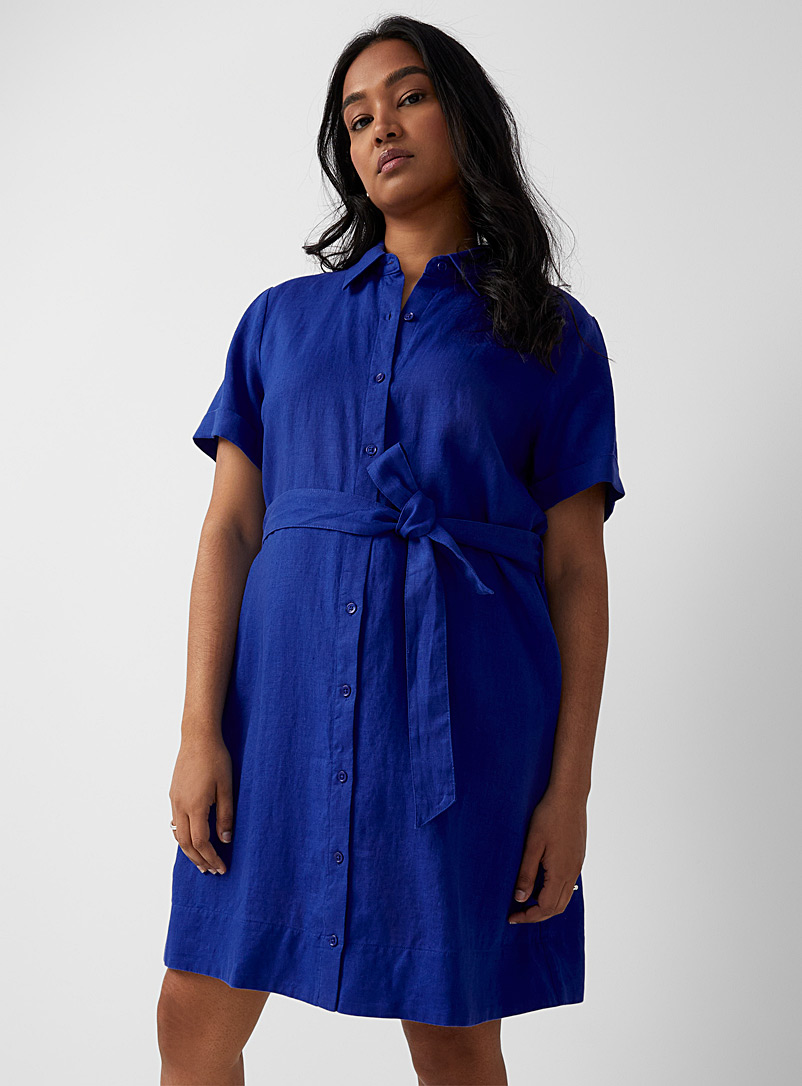 Contemporaine Sapphire Blue Organic linen belted shirtdress for women