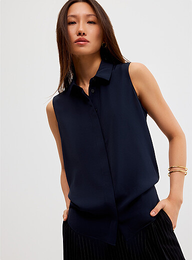 Contemporaine Navy/Midnight Blue Shirt collar silky cami for women