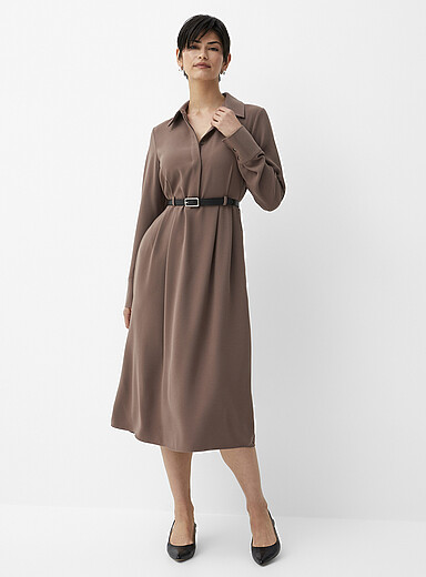 Robe Chemise Ceinturée En Cuir Noir - Manches Longues, Taille L, Polyester, Neuf Avec étiquettes