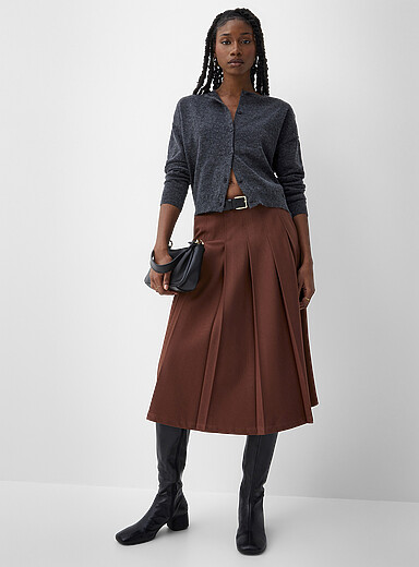 Ic&ocirc;ne Terracotta Pleated belted flared skirt for women