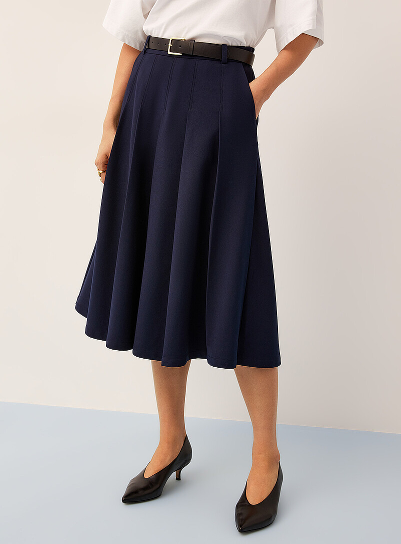 Ic&ocirc;ne: La jupe &eacute;vas&eacute;e ceintur&eacute;e &agrave; plis Bleu fonc&eacute; - Indigo pour femme
