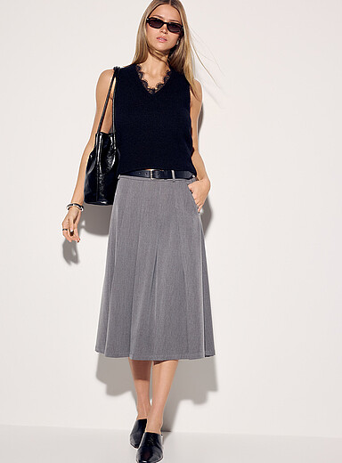 Ic&ocirc;ne Light Grey Pleated belted flared skirt for women