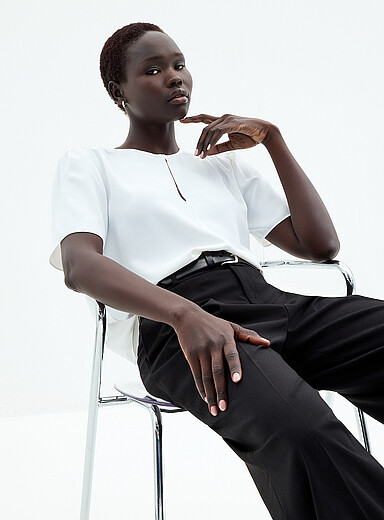 Slit-collar flowy crepe blouse