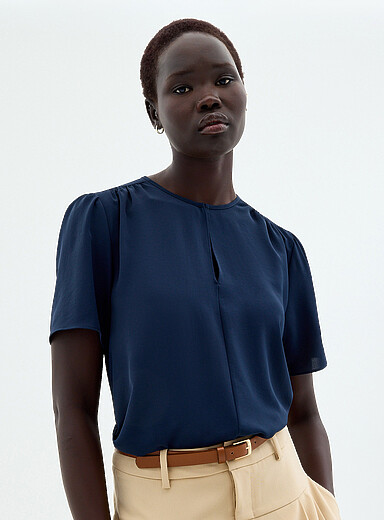 Slit-collar flowy crepe blouse