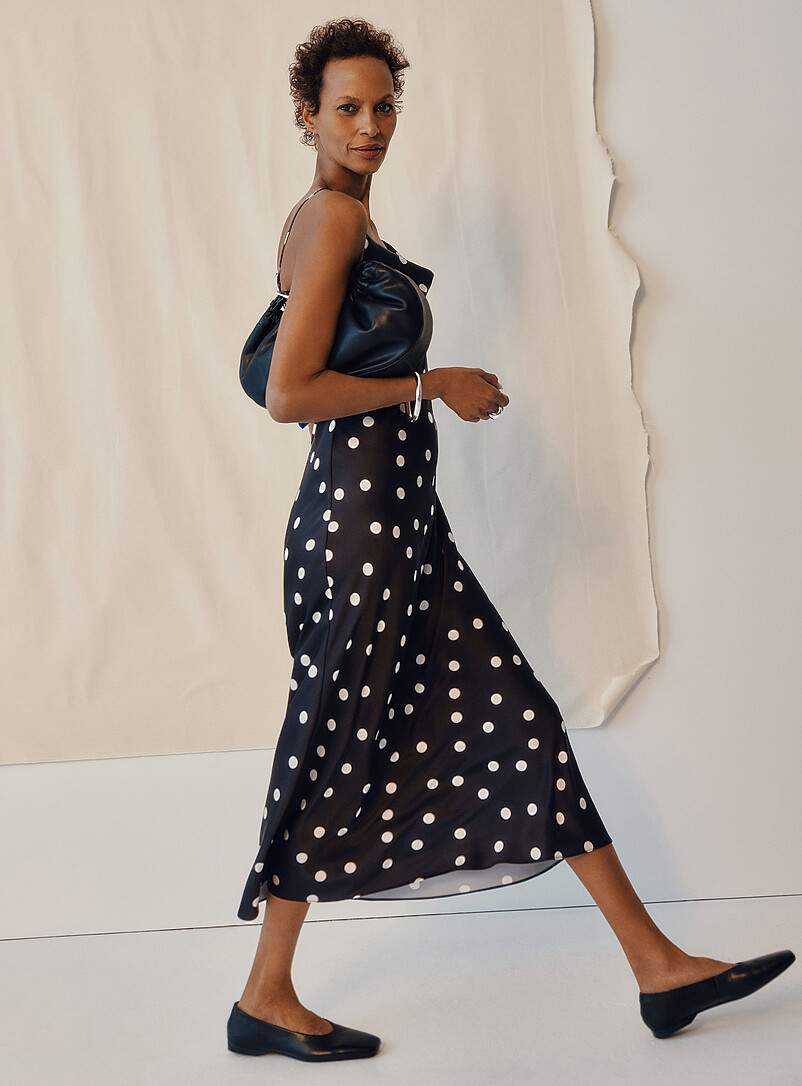 Contemporaine Patterned Black Satiny polka dot cowl-neck dress for women