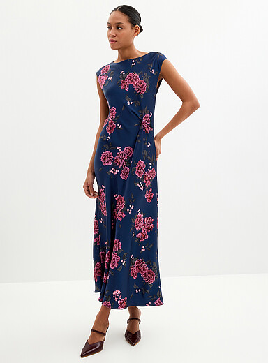 Twisted waist floral satin dress