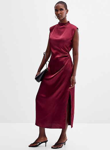 Riched satiny mock-neck dress