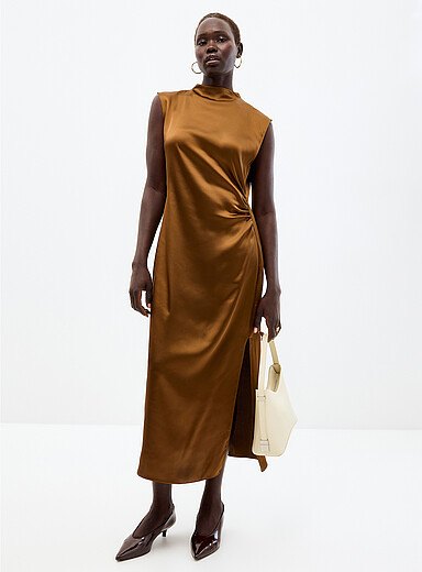 Riched satiny mock-neck dress