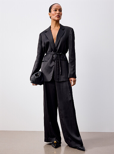 Contemporaine Black Satiny pleated pant <b>Fit: Ultra-wide leg, high rise</b> for women