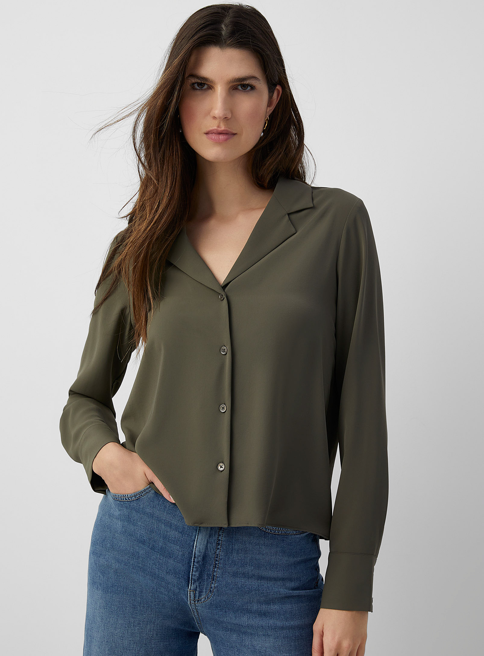 Contemporaine Notch-collar Flowy Shirt In Mossy Green