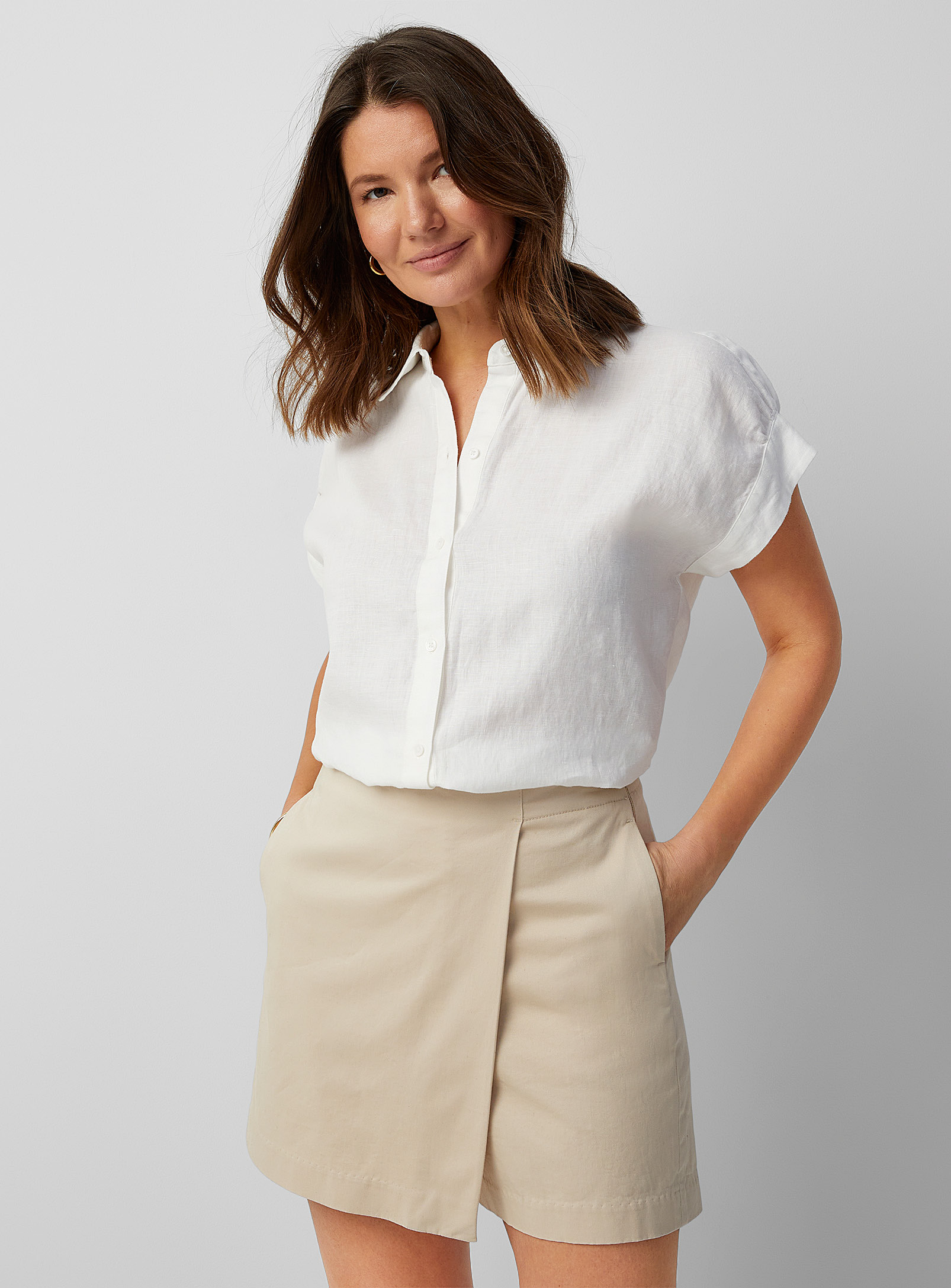 Contemporaine Cap Sleeves Loose Pure Linen Shirt In White