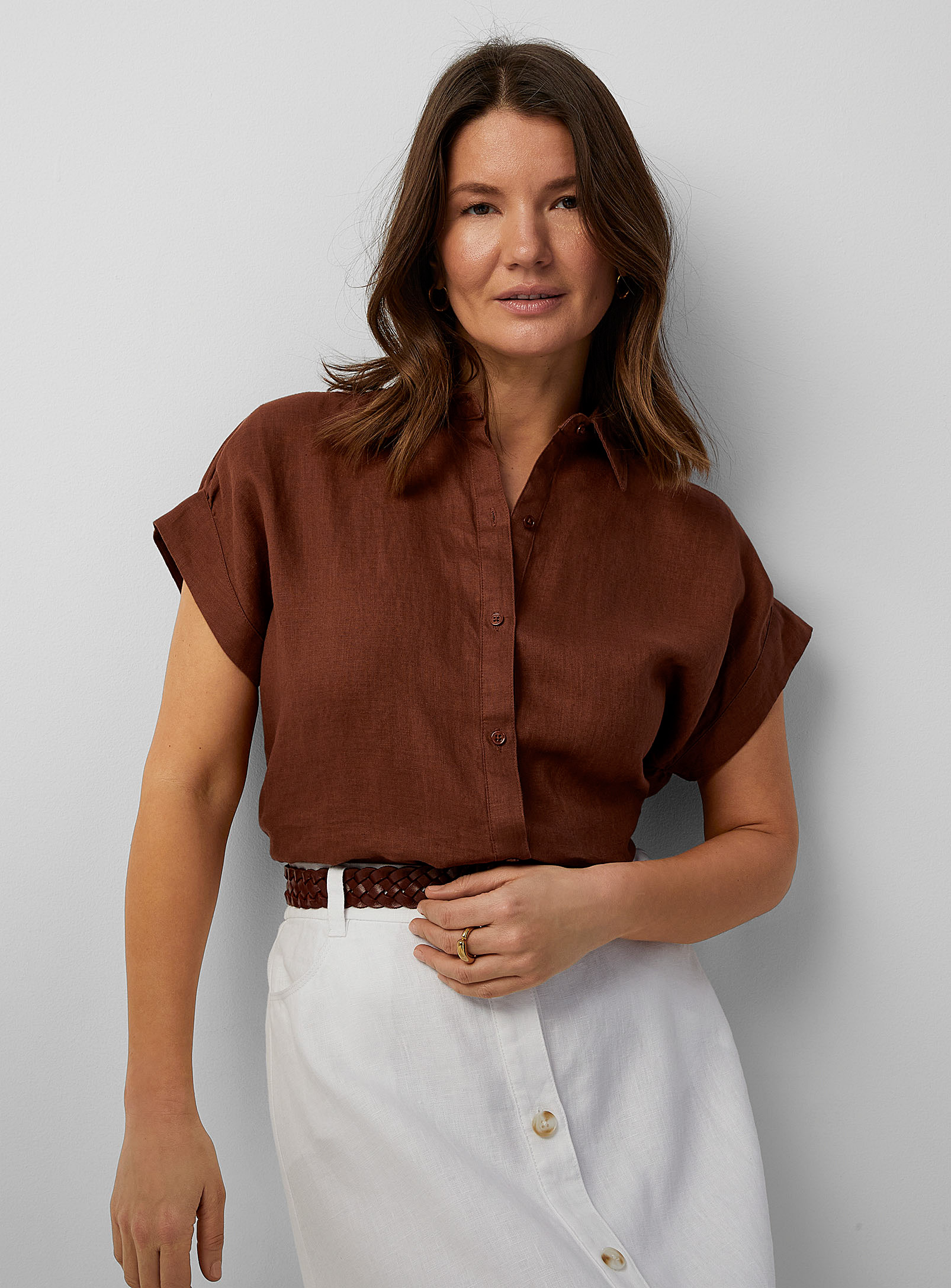 Contemporaine Cap Sleeves Loose Pure Linen Shirt In Brown