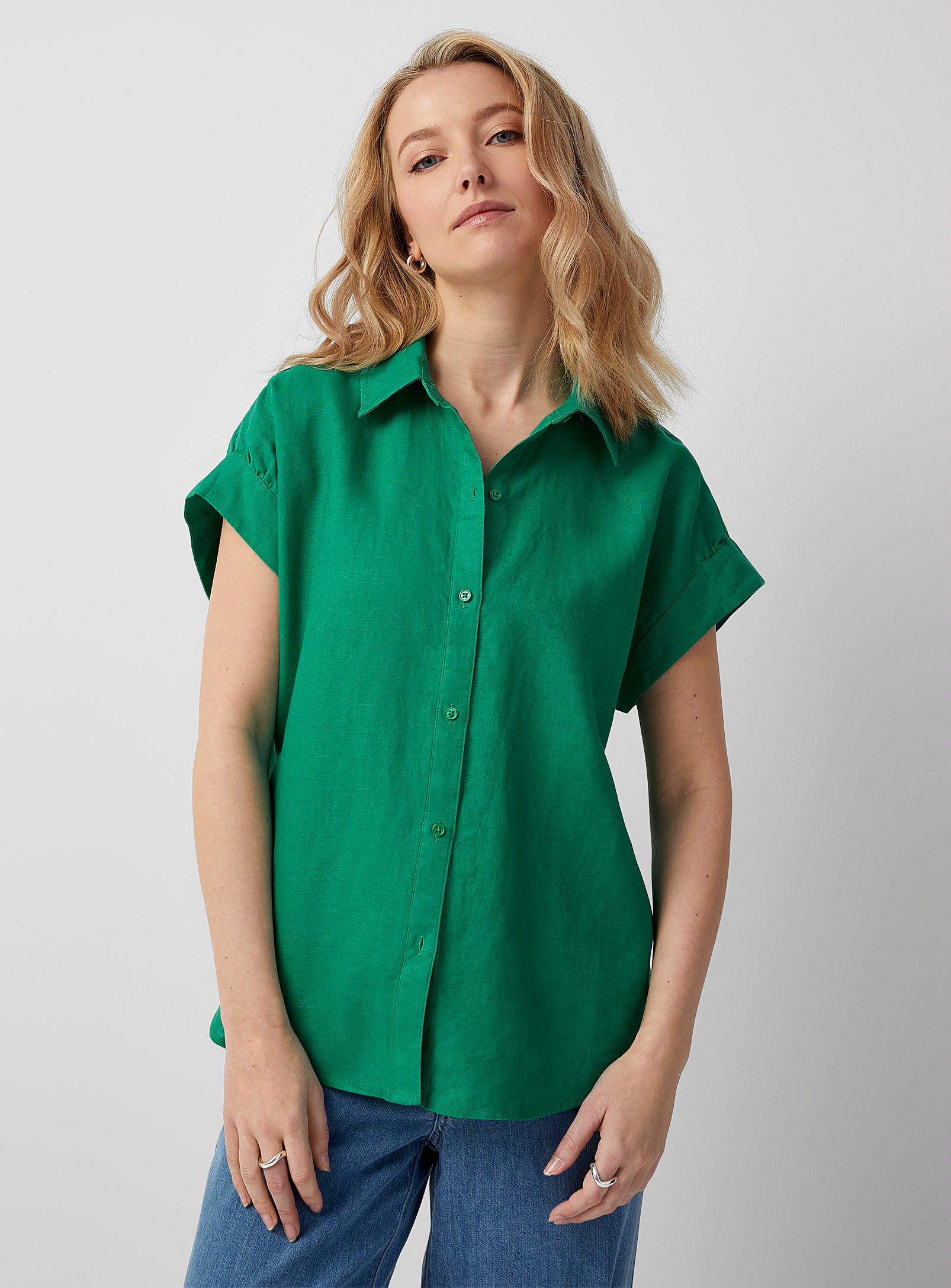 Contemporaine Cap Sleeves Loose Pure Linen Shirt In Green