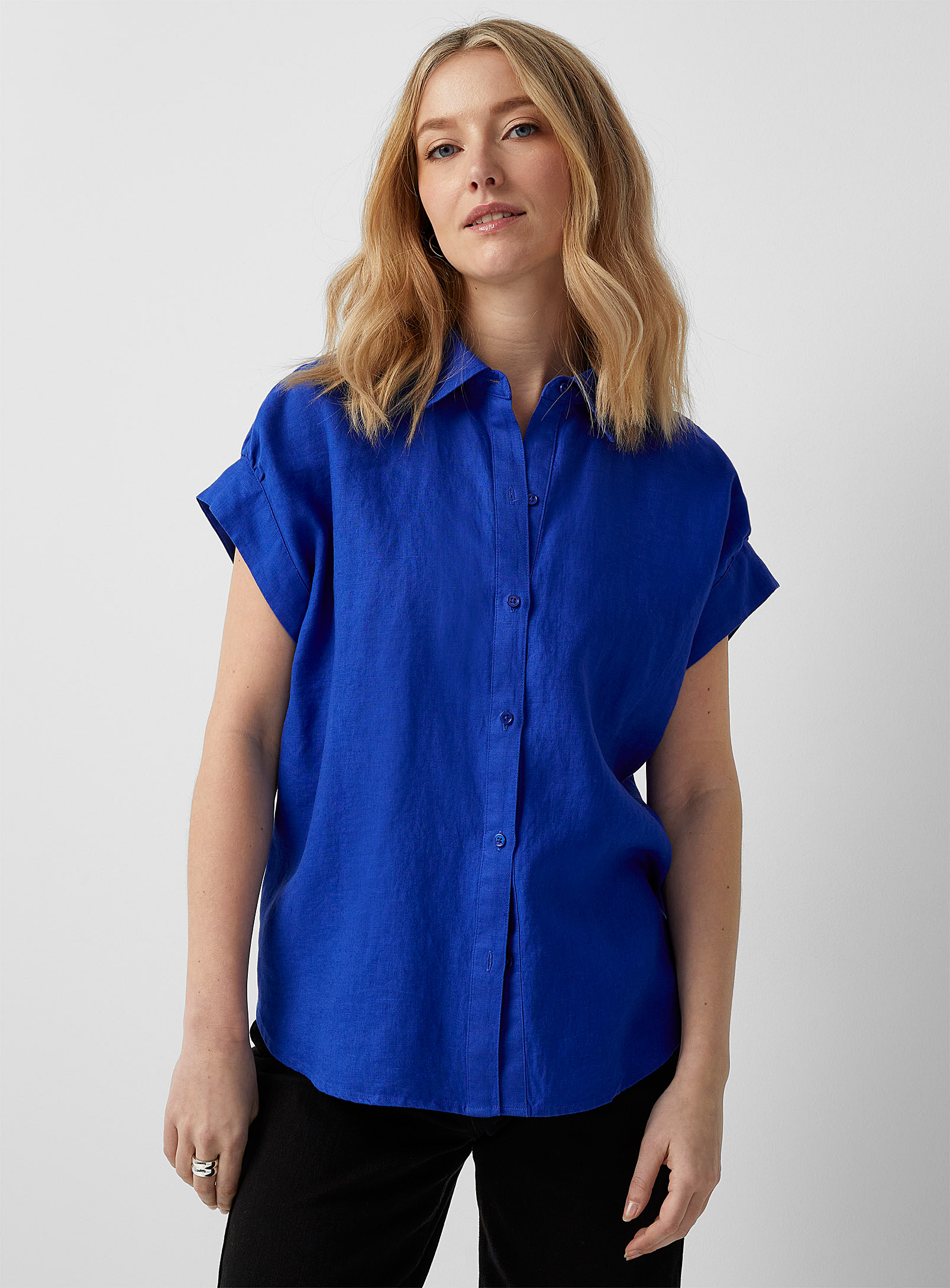 Contemporaine Cap Sleeves Loose Pure Linen Shirt In Blue