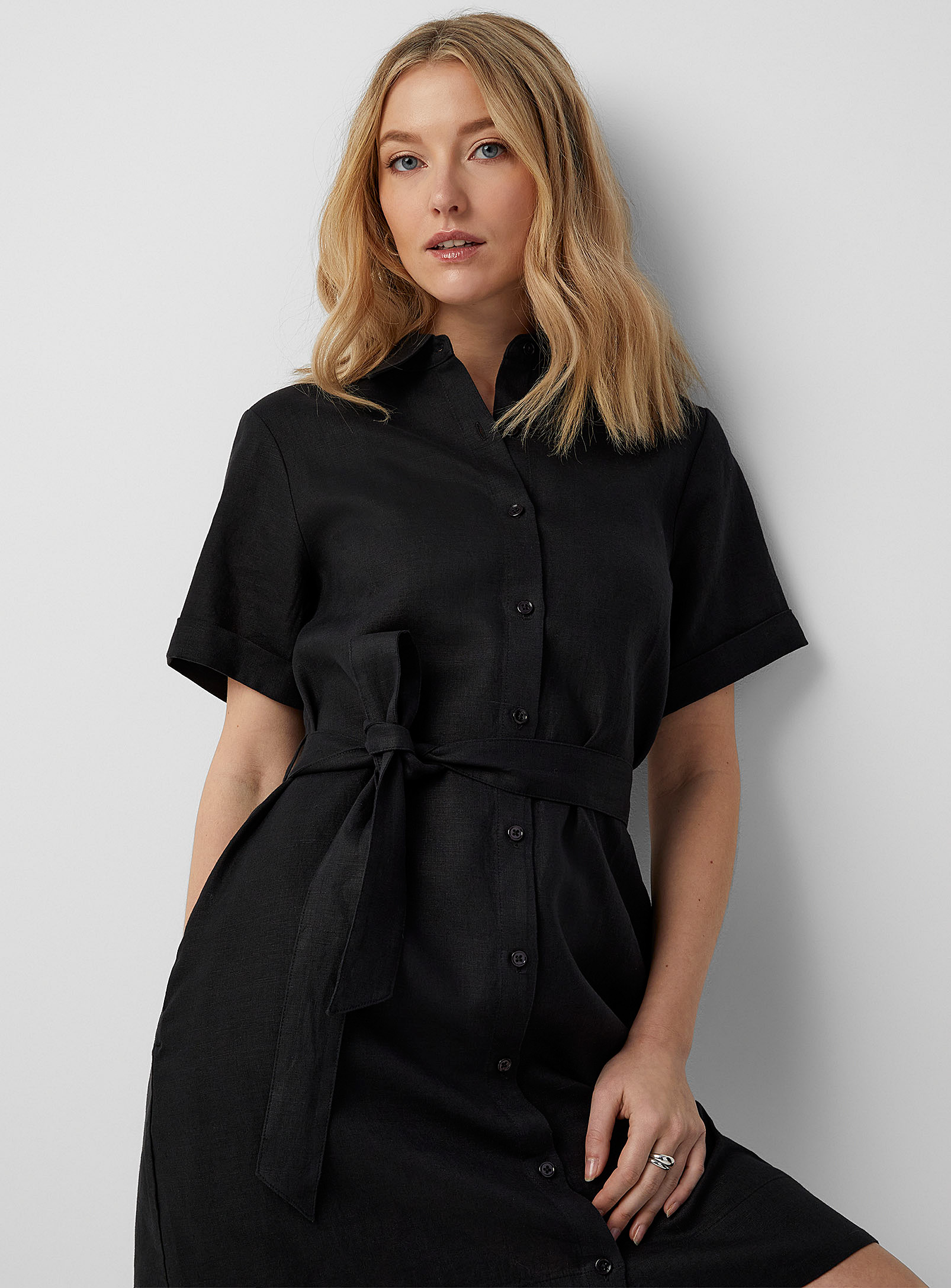 Contemporaine Pure Linen Belted Shirtdress In Black