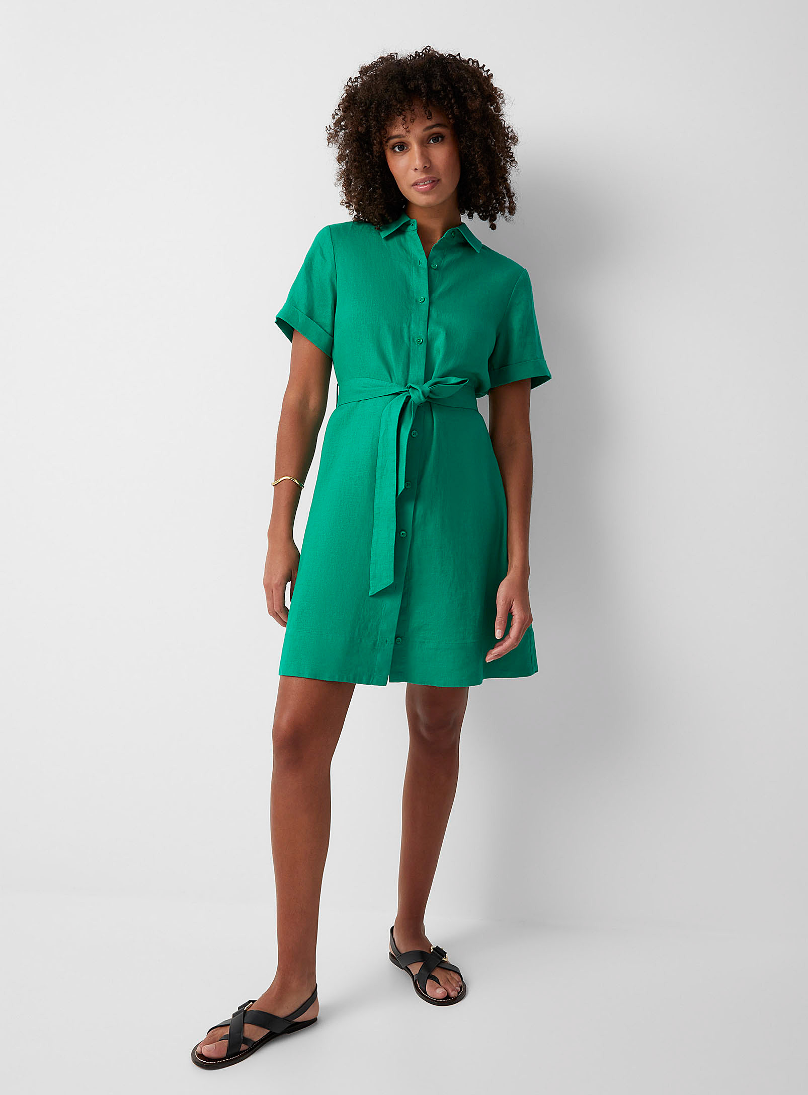 Contemporaine Pure Linen Belted Shirtdress In Green