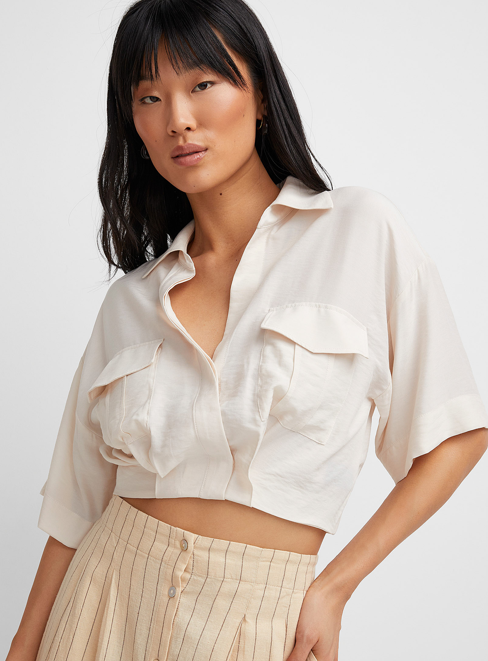 Icone Elastic Waist Cropped Blouse In Off White