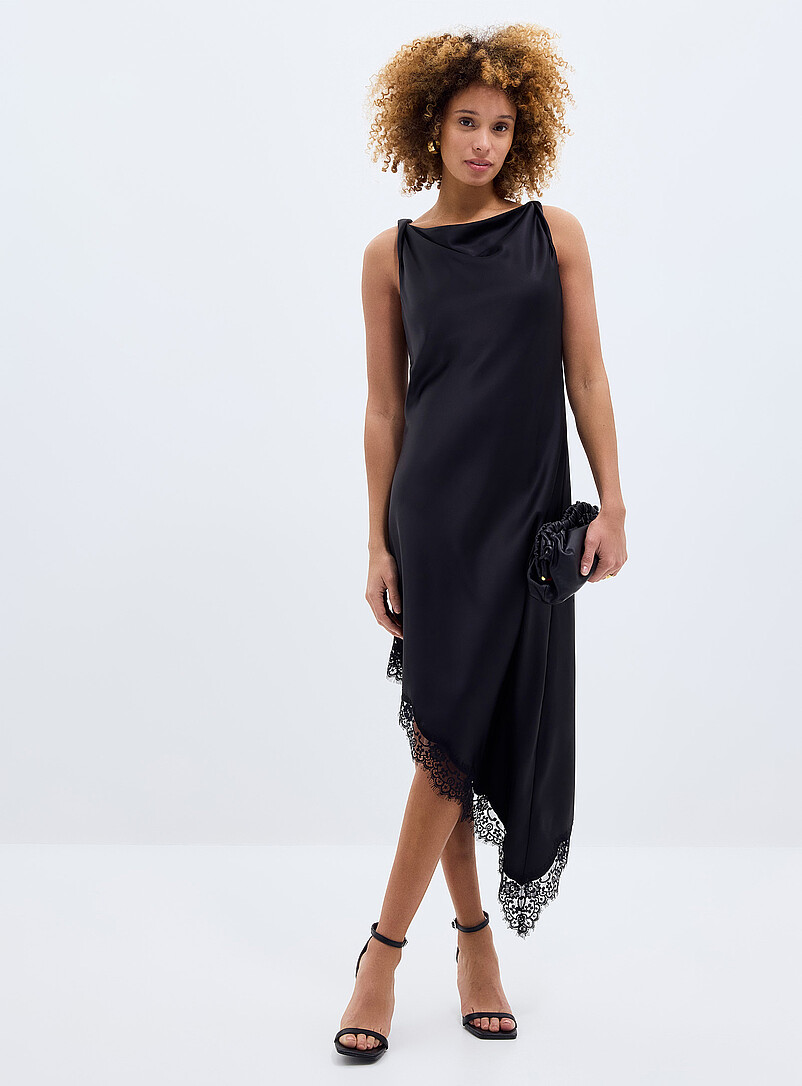 Lace Trim Satiny Asymmetrical Skirt