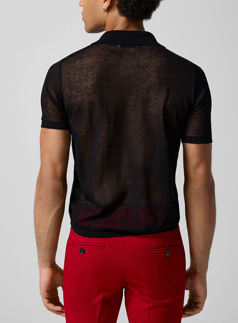 Ernest W. Baker: Le polo tricot diaphane boutons bijoux Noir pour homme