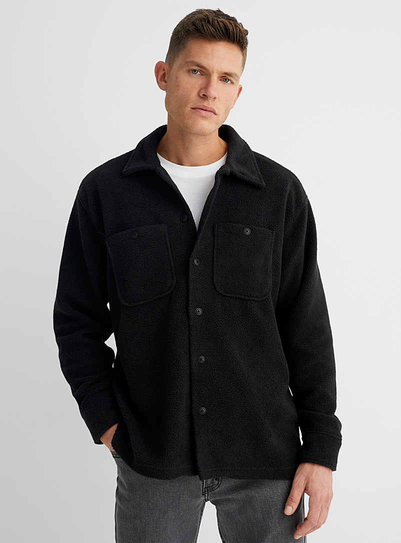Le 31 Black Sherpa fleece overshirt for men
