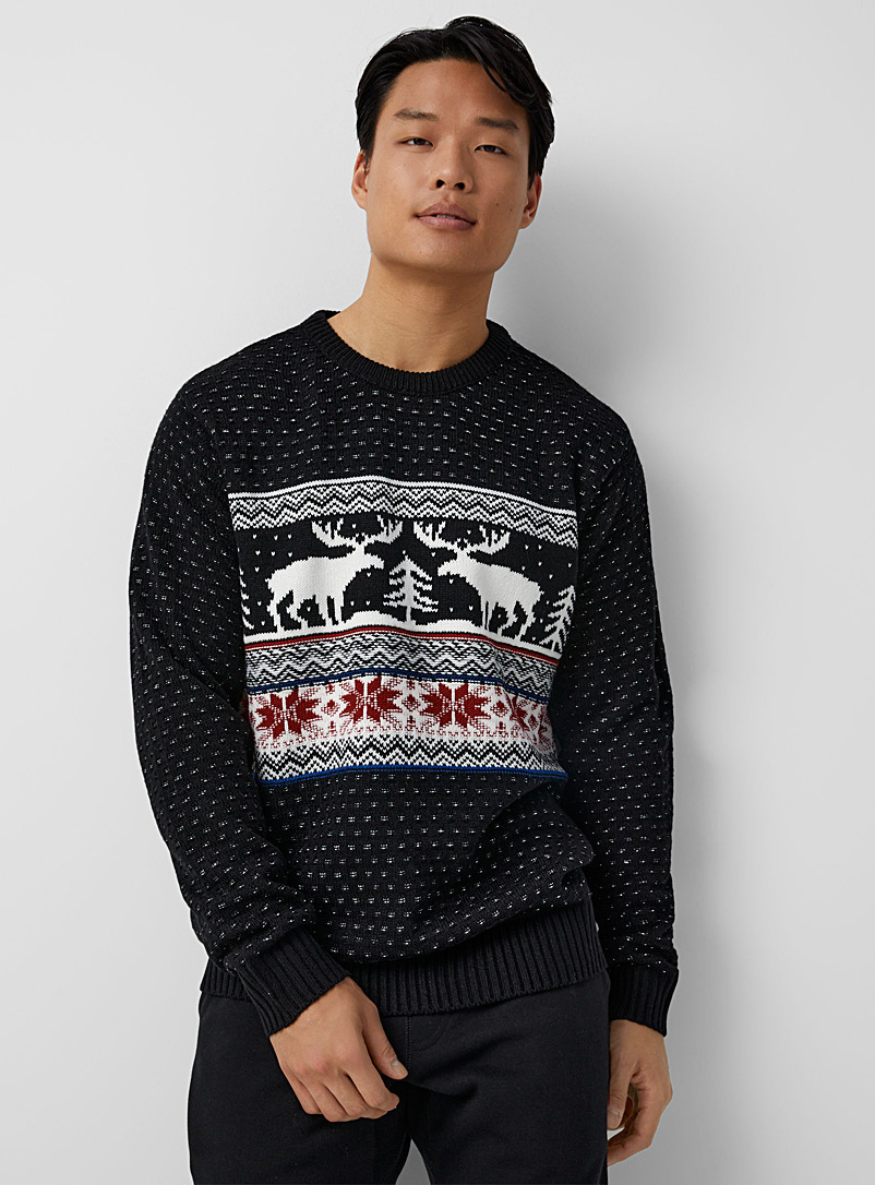 Le 31 Black Nordic fauna jacquard sweater for men
