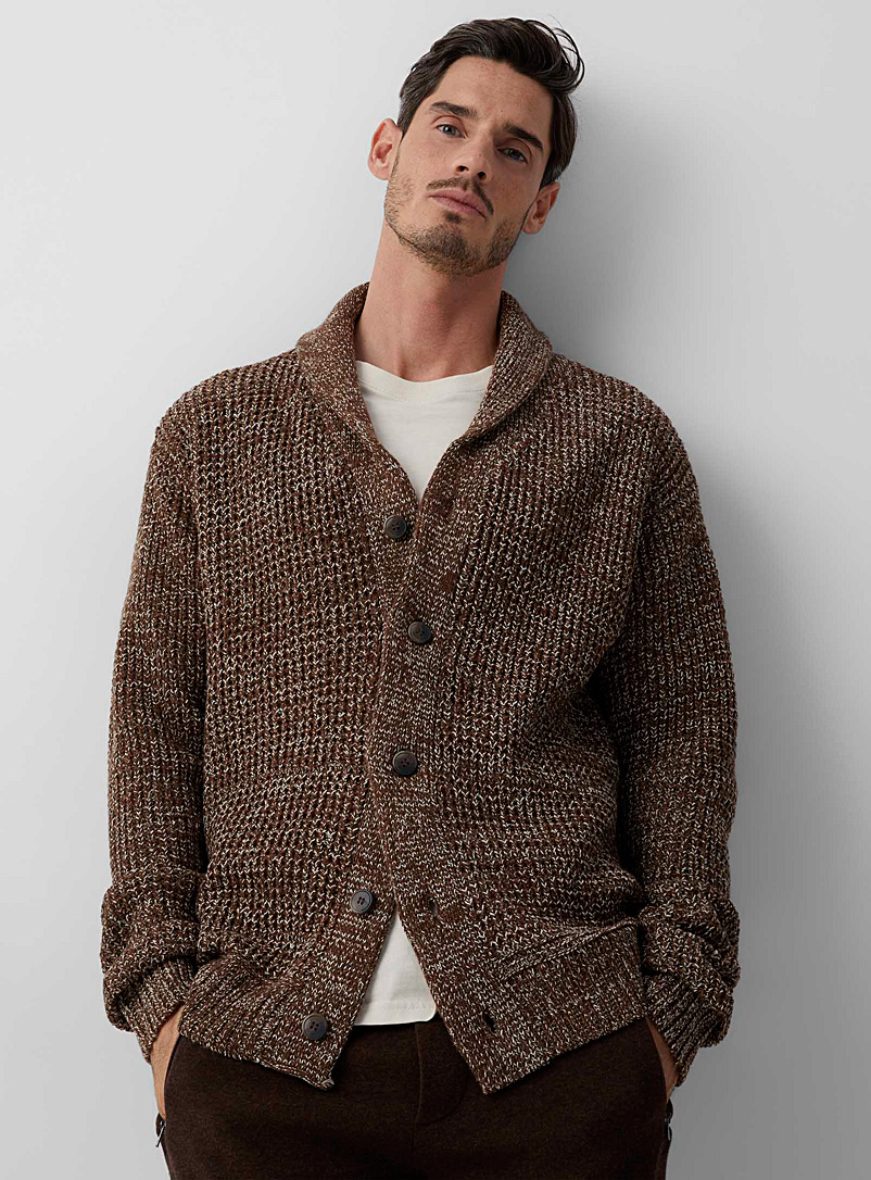 Le 31 Brown Waffle knit shawl-collar cardigan for men