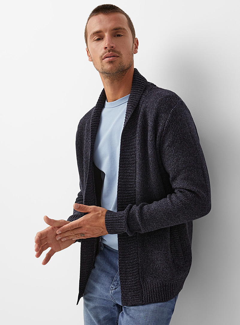 Le 31 Dark Blue Heathered knit open cardigan for men
