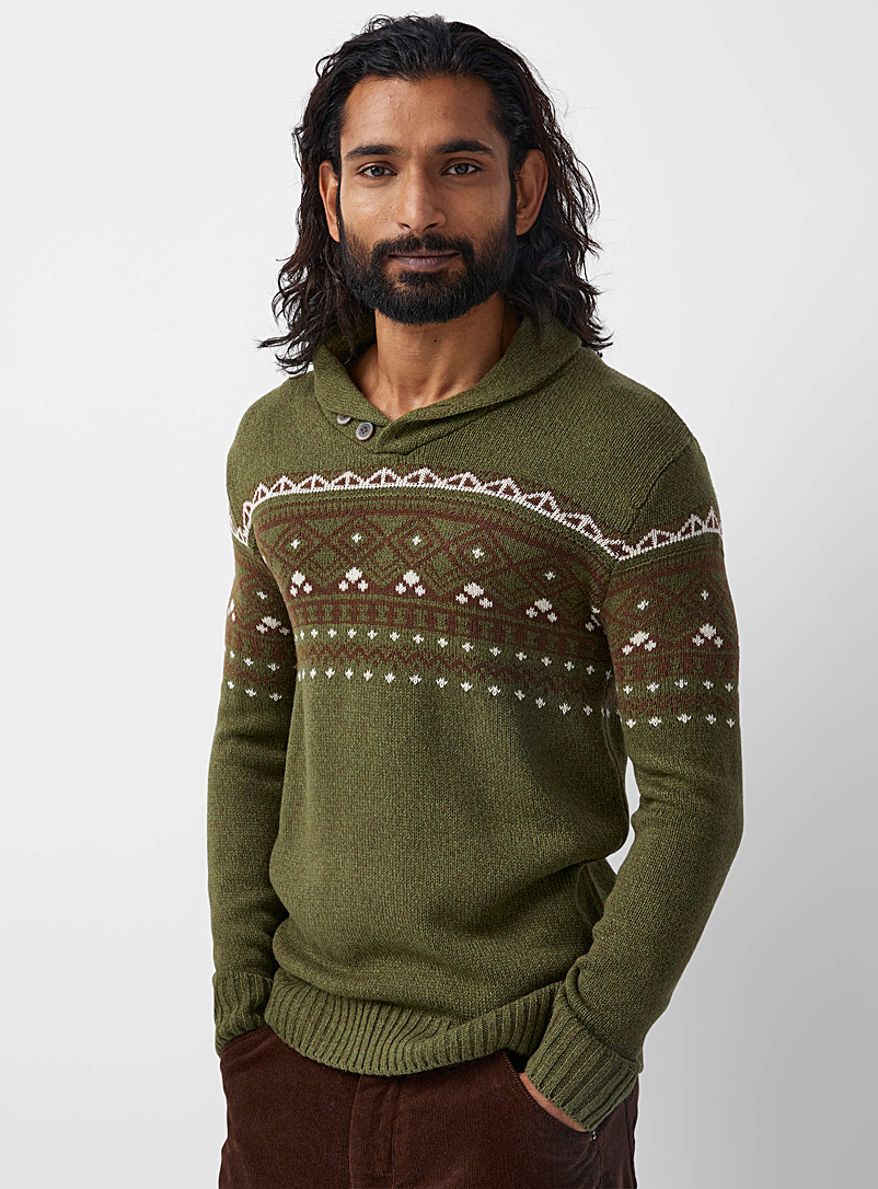 Le 31 Mossy Green Shawl-collar jacquard sweater for men