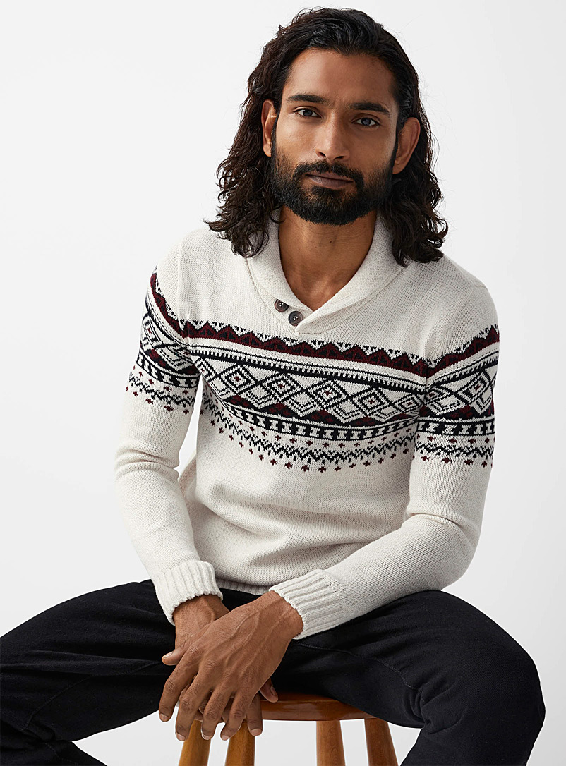 Le 31 Grey Shawl-collar jacquard sweater for men